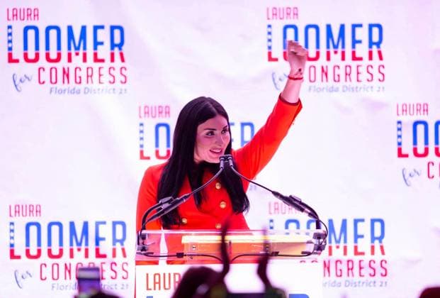 Laura Loomer Republican congressional candidate Laura Loomer celebrates an election night win at the airport Hilton in West Palm Beach, August 18, 2020. Loomer is one of five GOP candidates hoping to secure the nomination in the primary on Aug. 18. The winner will challenge the winner of Democratic primary between incumbent U.S. Rep. Lois Frankel and Guido Weiss in the November general election. (Allen Eyestone Palm Beach Post TNS) Palm Beach FL USA EDITORIAL USE ONLY Copyright: xx 1781424 AllenxEyestonex krtphotoslive894072