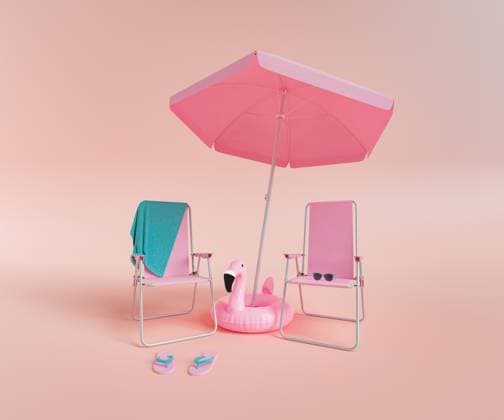 pink monochromatic scene of two folding chairs with sunshade and a flamingo float in the center on a studio background. 3d rendering , 46771224.jpg, summer, folding, beach chair, umbrella, minimal, background, vacation, flamingo, parasol, beach, summertime, concept, design, accessory, 3d render, protection, relax, monochromatic, object, rest, studio shot, studio, sunshade, flip flops, travel, tropical, deckchair, leisure, illustration, pastel, pink, swimming pool, float, no people, simplicity, sunglasses, towel RECORD DATE NOT STATED
