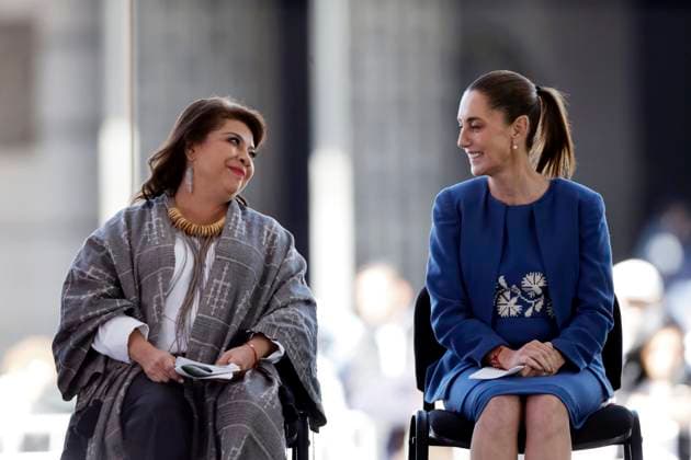 Mexico s President Claudia Sheinbaum Pardo and Head of the Government of Mexico City Clara Brugada during the anti-gun campaign Ã¢â‚¬oeYes to Disarmament, Yes to PeaceÃ¢â‚¬Â, in the atrium of the Basilica of Guadalupe. on January 10, 2025 in Mexico City, Mexico. Mexico City Mexico - ZUMAe321 20250110_zia_e321_010 Copyright: xLuisxBarronx