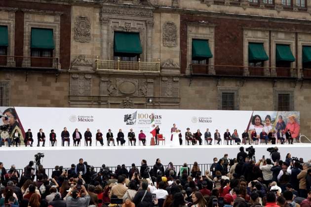 Claudia Sheinbaum Mark 100 Days As President Of Mexico Mexico s President Claudia Sheinbaum, speaking during an event to mark her first 100 days as President of Mexico at the Zocalo main Square. on January 12, 2025 in Mexico City, Mexico. Photo by Luis Barron Eyepix Group ABACAPRESS.COM Mexico City Mexico  Copyright: xBarronxLuis Eyepix ABACAx