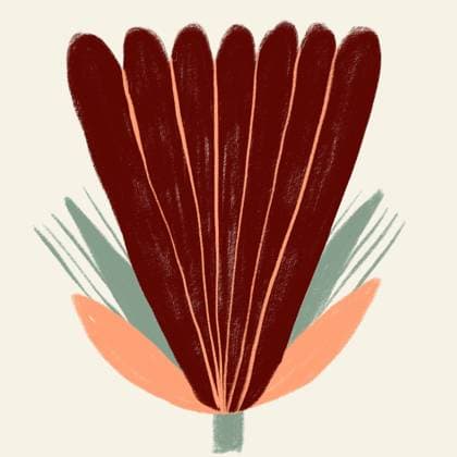A vibrant, abstract illustration of a spring flower featuring bold, expressive strokes in shades of maroon, green, and orange Model Released BrendaFebus_ID25875_747643_015 Copyright: xBrendaxFebusx RECORD DATE NOT STATED