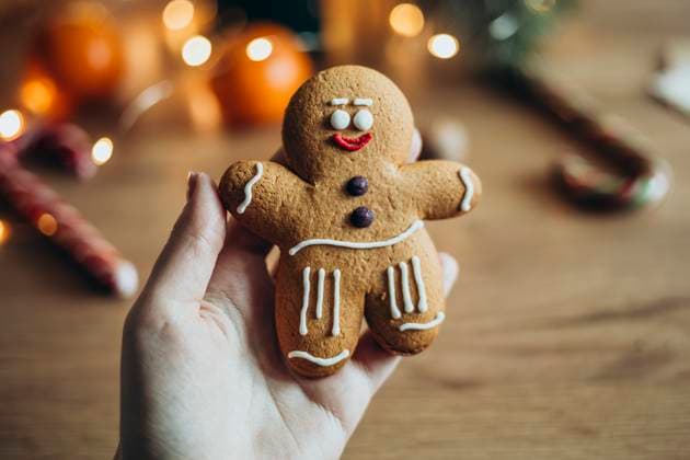 IMAGO Creative, Weihnachten, Food, Backen, Lebkuchen A hand holds a charming gingerbread man cookie decorated with icing Soft lighting and blurred holiday decor create a warm, festive ambiance Ideal for holiday themes Model Released HannaYakimenko_ID25894_748059_019 Copyright: xHannaxYakimenkox