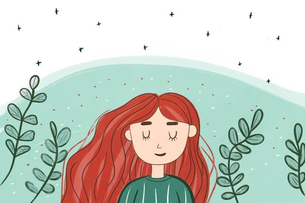 Creative Highlights Symbolbilder Charming illustration of a red-haired woman with closed eyes, surrounded by green plants under a starry sky Captures tranquility and connection with nature Model Released HodeiUnzueta_ID25838_746375_007 Copyright: xHodeixUnzuetax RECORD DATE NOT STATED