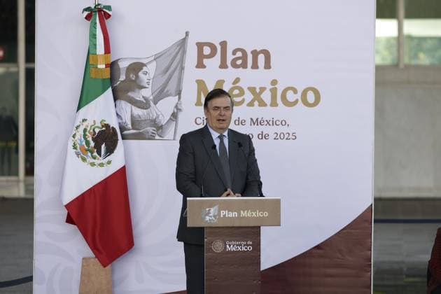 Minister of Economy Marcelo Ebrard speaking during the presentation of Plan Mexico with the objective of reducing Asian imports, to the benefit of national and regional production, at the National Museum of Anthropology. on January 13, 2025 in Mexico City, Mexico. Mexico City Mexico - ZUMAe321 20250113_zia_e321_012 Copyright: xLuisxBarronx