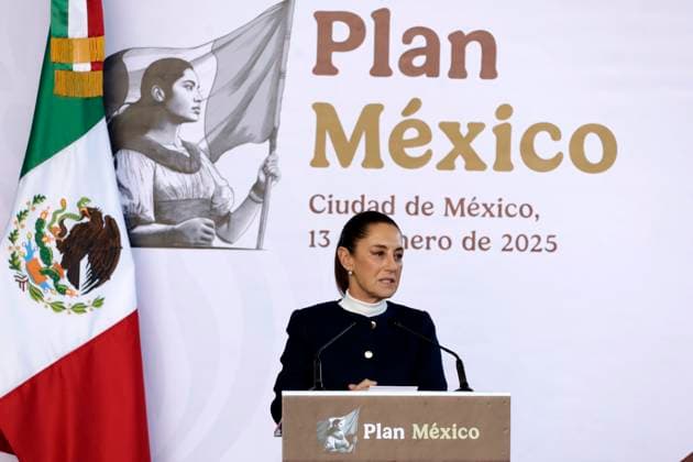 MexicoÃ¢â‚¬â ¢s President Claudia Sheinbaum Pardo speaking during the presentation of Plan Mexico with the objective of reducing Asian imports, to the benefit of national and regional production, at the National Museum of Anthropology. on January 13, 2025 in Mexico City, Mexico. Mexico City Mexico - ZUMAe321 20250113_zia_e321_030 Copyright: xLuisxBarronx