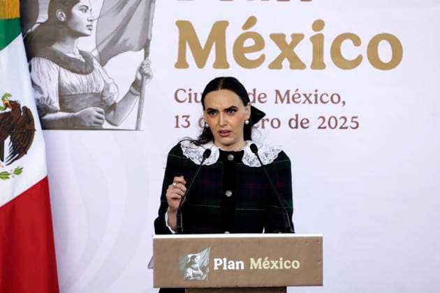 Coordinator of the Business Advisory Council of the Government of Mexico Altagracia Gomez speaking during the presentation of Plan Mexico with the objective of reducing Asian imports, to the benefit of national and regional production, at the National Museum of Anthropology. on January 13, 2025 in Mexico City, Mexico. Mexico City Mexico - ZUMAe321 20250113_zia_e321_028 Copyright: xLuisxBarronx