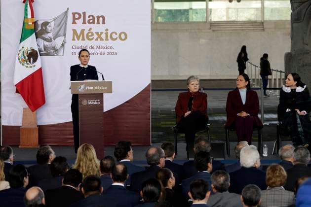 MexicoÃ¢â‚¬â ¢s President Claudia Sheinbaum Pardo speaking during the presentation of Plan Mexico with the objective of reducing Asian imports, to the benefit of national and regional production, at the National Museum of Anthropology. on January 13, 2025 in Mexico City, Mexico. Mexico City Mexico - ZUMAe321 20250113_zia_e321_032 Copyright: xLuisxBarronx