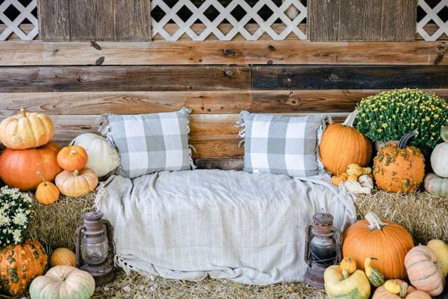 Rustic autumn seating with pumpkins, pillows, and lantern decor. Caledonia, Michigan, United States R_QIWH250110X-1625820-01