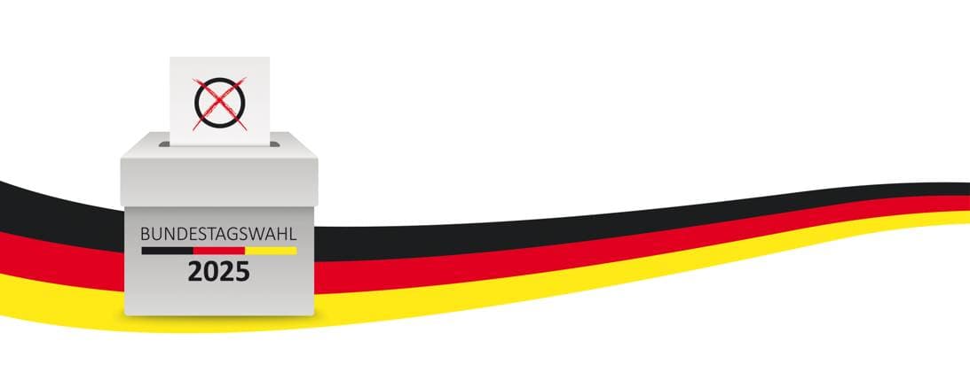 Header German Flag Bundestagswahl 2025 Vote Box Right German Text Bundestagswahl 2025, translate parliamentary elections for the Bundestag 2025.