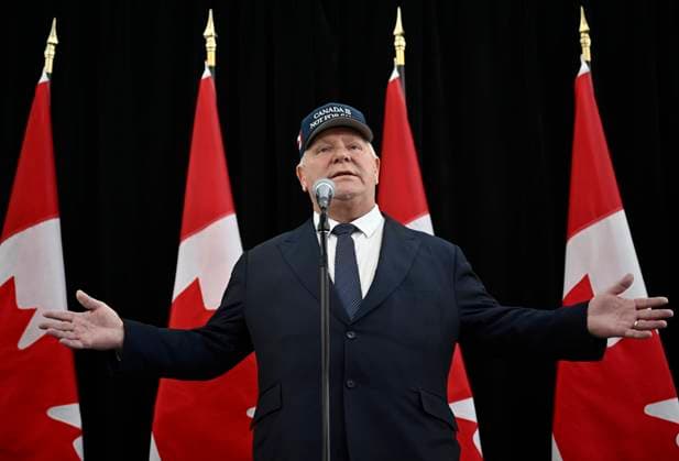January 15, 2025, Ottawa, On, Canada: Ontario Premier Doug Ford, wearing a Canada Is Not For Sale hat, speaks as he arrives for a first ministers meeting in Ottawa on Wednesday, Jan. 15, 2025. Ottawa Canada  - ZUMAc35_ 20250115_zaf_c35_047 Copyright: xJustinxTangx