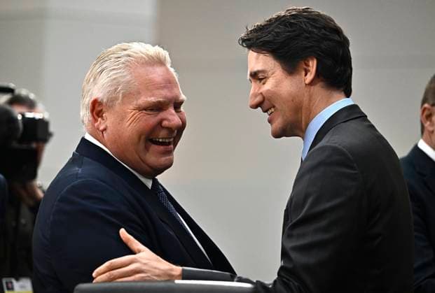 January 15, 2025, Ottawa, On, Canada: Prime Minister Justin Trudeau greets Premier of Ontario Doug Ford during a first ministers meeting in Ottawa, on Wednesday, Jan. 15, 2025. Ottawa Canada  - ZUMAc35_ 20250115_zaf_c35_069 Copyright: xJustinxTangx