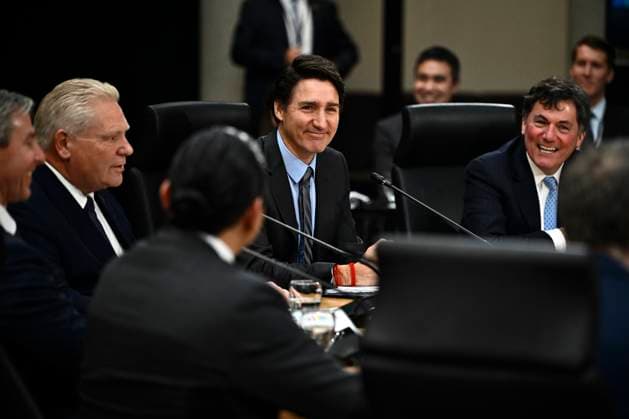 January 15, 2025, Ottawa, On, Canada: Prime Minister Justin Trudeau and Minister of Finance Dominic LeBlanc join premiers at a first ministers meeting in Ottawa, on Wednesday, Jan. 15, 2025. Ottawa Canada  - ZUMAc35_ 20250115_zaf_c35_083 Copyright: xJustinxTangx