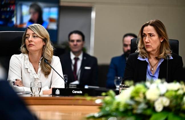 January 15, 2025, Ottawa, On, Canada: Minister of Foreign Affairs Melanie Joly and Ambassador of Canada to the U.S. Kirsten Hillman listen during a first ministers meeting in Ottawa, on Wednesday, Jan. 15, 2025. Ottawa Canada  - ZUMAc35_ 20250115_zaf_c35_089 Copyright: xJustinxTangx