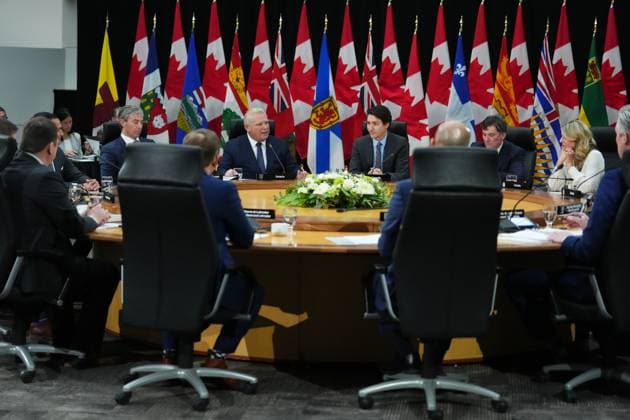 January 15, 2025, Ottawa, On, Canada: Ontario Premier Doug Ford (centre left) makes opening remarks during a first ministers meeting in Ottawa on Wednesday, Jan.15, 2025. Ottawa Canada  - ZUMAc35_ 20250115_zaf_c35_099 Copyright: xSeanxKilpatrickx