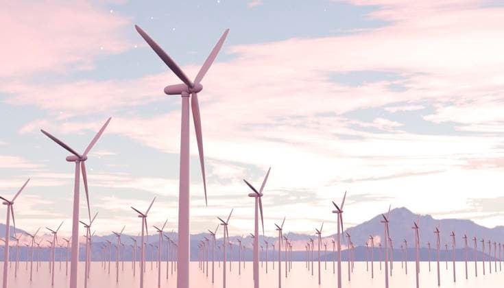 Illustration, Pink-hued sky over a vast wind farm with multiple turbines and distant mountains. boer00369 Copyright: xConnectxImagesx ,property released