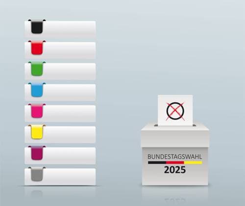 8 Colored Tabs Question Mark Bundestagswahl 2025 Vote German Text Bundestagswahl 2025, translate parliamentary elections for the Bundestag 2025.