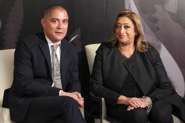 (L to R) Roger von der Weid, Managing Director of Lalique and UK Based world famous architect designer Zaha Hadid pose for a picture at Lalique in Central. 25MAR14 FEATURES BROADSHEET Hong Kong - CHINA EDITORIAL USE ONLY  Copyright: xx MER1404031308002206 EdwardxWongx scmpphotos764446