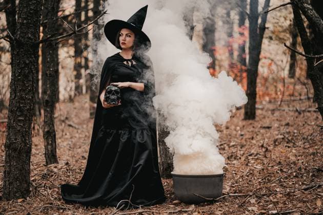 Black witch holding skull in hands, stroking it on autumn forest background. Horror, halloween, cosplay holiday, magic concept. High quality photo, model released, , 48390998.jpg, alchemy, angry, art, autumn, background, bad, beautiful, beauty, black, burning, carnival, cast, cauldron, celebration, costume, dark, darkness, eve, evil, fantasy, female, fire, fog, forest, girl, glowing, gothic, halloween, hand, hat, holiday, horror, magic, magical, magician, makeup, miracle, mystical, party, scary, skull, smoke, spooky, treat, trick, witch, witchcraft, wizard, woman RECORD DATE NOT STATED