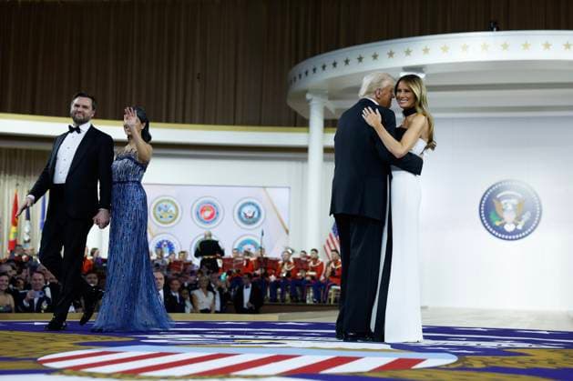 President Donald Trump dances with wife Melania and Vice President JD Vance and 2nd Lady Usha Vance dance at the Commander-in-Chief Ball l on Monday, January 20, 2025 in Washington, DC. Pool  WAX2025012019923431 AnnaxMoneymaker