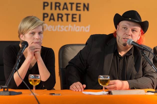 Press conference the Pirate Party in Berlin with presentation their Claims for the Drug policy V l n r Anita Moellering, Bruno Kramm, Berlin Germany, Germany