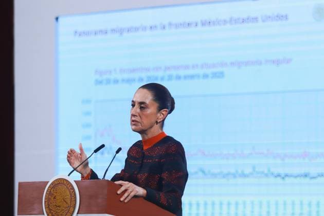 Mexico™s President Claudia Sheinbaum Briefing Mexico s President, Claudia Sheinbaum speaking during a briefing conference about the immigration issue after Donald Trump took office as the 47th President of the United States, briefing held at the National Palace. on January 22, 2025 in Mexico City, Mexico. Mexico City CDMX Mexico Copyright: xCarlosxSantiagox