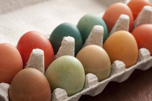 Close up view of opened paper egg box with colorful dyed Easter eggs on wooden table , 48661344.jpg, boiled, cardboard, carton, dyed, easter, eggs, multicolored, handicraft, homemade, closeup, colorful, celebration, tradition, full, festive pwjvn2 RECORD DATE NOT STATED