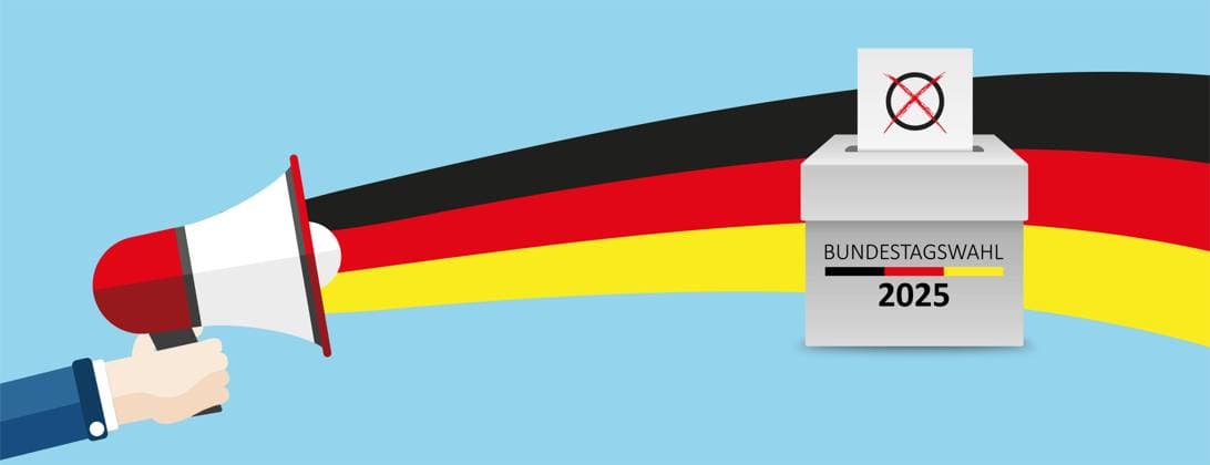 Hand Bullhorn Germany Bundestagswahl 2025 Vote Header German Text Bundestagswahl 2025, translate parliamentary elections for the Bundestag 2025.