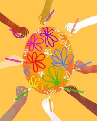 Colorful illustration of hands decorating an Easter egg with pencils, IAUF00163