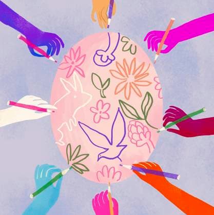 Colorful illustration of hands decorating an Easter egg with pencils, IAUF00167