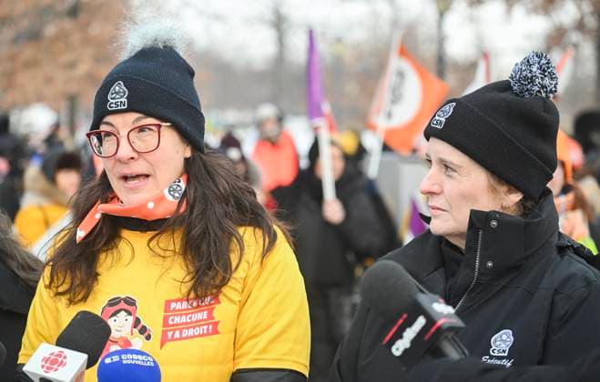 January 23, 2025, Montreal, Pq, Canada: Sto phanie Vachon of the CPE, left, and Caroline Senneville, CSN Union President speak to the media during a daycare workers demonstration on the first day of a strike in Montreal, Thursday, January 23, 2025. Montreal Canada - ZUMAc35_ 20250123_zaf_c35_004 Copyright: xGrahamxHughesx