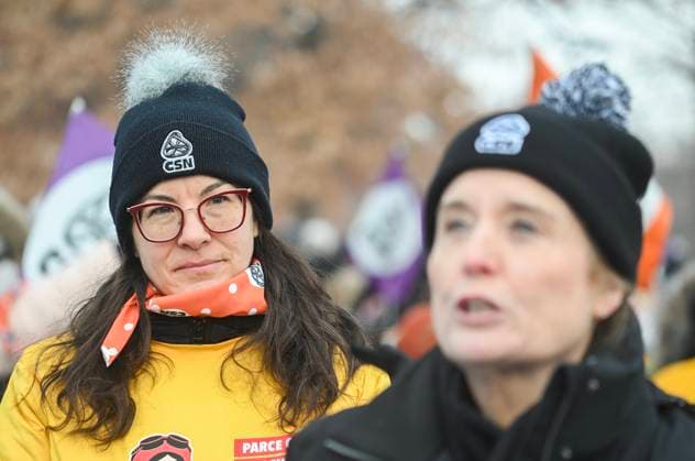 January 23, 2025, Montreal, Pq, Canada: Sto phanie Vachon of the CPE, left, and Caroline Senneville, CSN Union President speak to the media during a daycare workers demonstration on the first day of a strike in Montreal, Thursday, January 23, 2025. Montreal Canada - ZUMAc35_ 20250123_zaf_c35_006 Copyright: xGrahamxHughesx