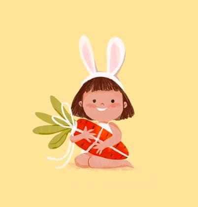 Illustration of a cute baby with bunny ears holding a carrot on a yellow background, IAUF00280