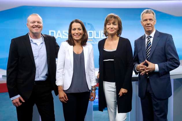 TV Duel 2013 to German federal elections 2013 at Television studio in Berlin, Joint Television broadcast the ARD, ZDF, RTL and ProSieben, Visit of Studio with the Moderators Stefan Raab, Anne Will, Maybrit Illner and Peter Kloeppel, Berlin Germany, Germany