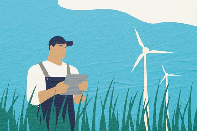 PR_ID26154_10431_RenewableEnergy.jpg A farmer evaluates renewable energy resources on a wind farm while surrounded by tall grass and blue skies. Wind turbines generate sustainable energy in the background., Property released Model Released AdalbertoRodriguez_ID26154_754685_002 Copyright: xAdalbertoxRodriguezx RECORD DATE NOT STATED