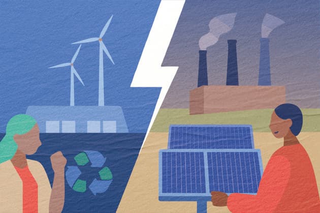 PR_ID26154_10431_RenewableEnergy.jpg On one side, wind turbines and solar panels symbolize renewable energy. On the other, smokestacks depict traditional pollution, highlighting the need for eco-conscious choices., Property released Model Released AdalbertoRodriguez_ID26154_754693_009 Copyright: xAdalbertoxRodriguezx RECORD DATE NOT STATED
