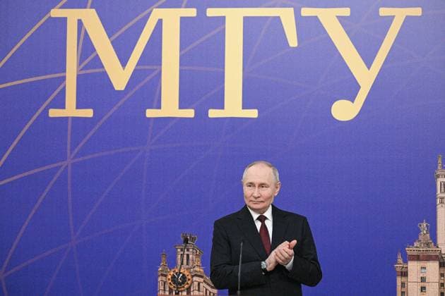 RUSSIA - JANUARY 24, 2025: Russia s President Vladimir Putin awards the Order for Valiant Labour to the members of teaching staff during a meeting of the Board of Trustees of Lomonosov Moscow State University. Ramil Sitdikov POOL TASS  77710689