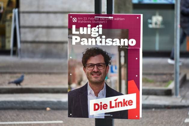 Stuttgart, Baden-Württemberg, Germany - January 23, 2025: Election poster in Stuttgart of the Left Party for the 2025 Bundestag election. Luigi Pantisano, Die Linke - On February 23, Die Linke vote in the constituency of Stuttgart I. The candidate presents himself as the face of social justice and change. *** Wahlplakat in Stuttgart der Partei die Linke zur Bundestagswahl 2025. Luigi Pantisano, Die Linke - Am 23. Februar Die Linke wählen im Wahlkreis Stuttgart I. Der Kandidat präsentiert sich als Gesicht der sozialen Gerechtigkeit und Veränderung.