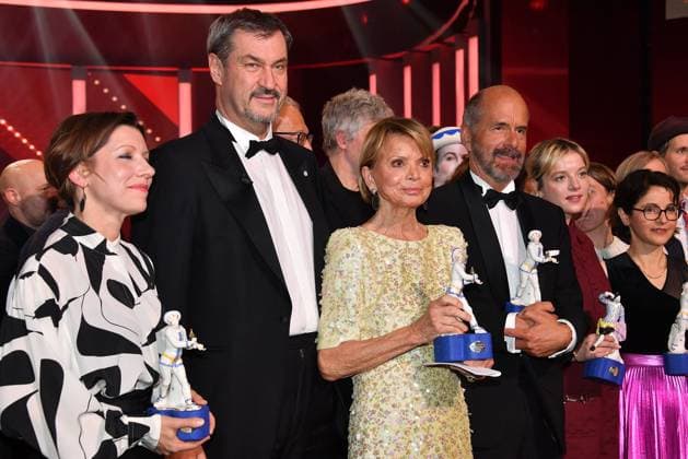 Mareike Engelhardt, Markus Soeder, Uschi Glas and Christoph Maria Herbst on stage at the Bavarian Film Award ceremony on 24 01 2025 at the Prinzregententheater in Munich Bavarian Film Award 2025 in Munich