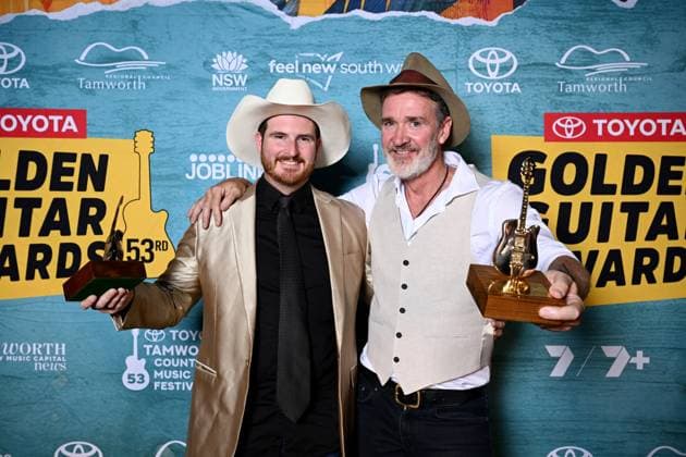 TAMWORTH COUNTRY MUSIC FESTIVAL, CMT Video of the Year winners and Jay Seeney (left) and Luke O?Shea pose for a photograph at the Golden Guitar Awards during the 53rd Tamworth Country Music Festival in Tamworth, NSW, Saturday, January 25, 2025. ( NO ARCHIVING, EDITORIAL USE ONLY, NO USE IN BOOKS WITHOUT CONSENT TAMWORTH NEW SOUTH WALES AUSTRALIA  Copyright: xBIANCAxDExMARCHIx 20250125156278287454