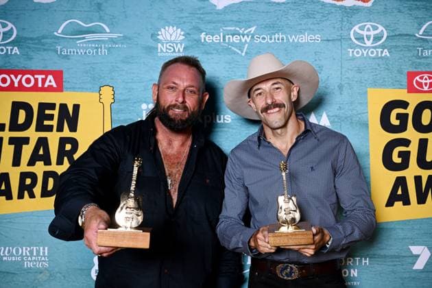 TAMWORTH COUNTRY MUSIC FESTIVAL, Vocal Collaboration of the Year winners The Wolfe Brothers pose for a photograph at the Golden Guitar Awards during the 53rd Tamworth Country Music Festival in Tamworth, NSW, Saturday, January 25, 2025. ( NO ARCHIVING, EDITORIAL USE ONLY, NO USE IN BOOKS WITHOUT CONSENT TAMWORTH NEW SOUTH WALES AUSTRALIA  Copyright: xBIANCAxDExMARCHIx 20250125146611397705
