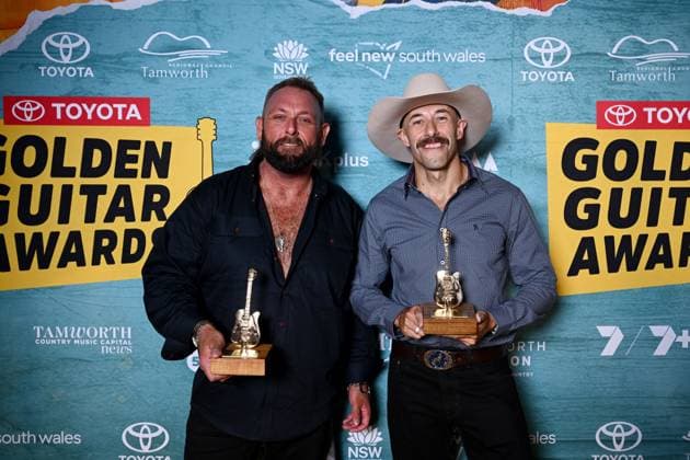 TAMWORTH COUNTRY MUSIC FESTIVAL, Vocal Collaboration of the Year winners The Wolfe Brothers pose for a photograph at the Golden Guitar Awards during the 53rd Tamworth Country Music Festival in Tamworth, NSW, Saturday, January 25, 2025. ( NO ARCHIVING, EDITORIAL USE ONLY, NO USE IN BOOKS WITHOUT CONSENT TAMWORTH NEW SOUTH WALES AUSTRALIA  Copyright: xBIANCAxDExMARCHIx 20250125198736457382
