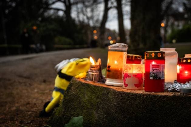 Aschaffenburg, Bavaria, Germany - January 25, 2025: Cuddly toys, candles and wreaths of flowers lie in Schöntal Park in Aschaffenburg. They symbolize the grief and compassion for the deceased boy who was the victim of the tragic knife attack. A quiet place of remembrance and community *** Im Schöntal-Park in Aschaffenburg liegen Kuscheltiere, Kerzen und Blumenkränze. Sie symbolisieren die Trauer und das Mitgefühl für den verstorbenen Jungen, der Opfer des tragischen Messerangriffs wurde. Ein stiller Ort des Gedenkens und der Gemeinschaft