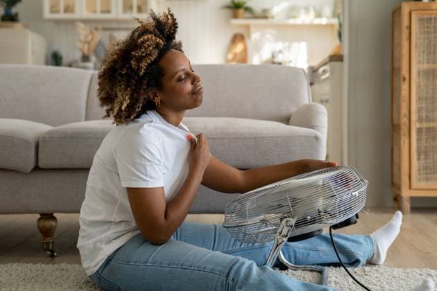 Glückliche junge schwarze Frau sitzt vor einem Ventilator und kühlt sich zu Hause ab, nachdem sie in der Hitze war Overheating in homes. Happy young African American woman sits in front of electric fan on floor in living room, enjoying blowing cool air, overheated female cooling down at home after being in heat ,model released, Symbolfoto Copyright: xZoonar.com DmitriixMarchenkox 22690816 ,model released, Symbolfoto ,property released
