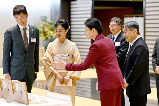 Japanese emperor, empress Japanese Emperor Naruhito (far R) and Empress Masako (front) meet recipients of awards for those who have contributed to the development of the agriculture, forestry and fisheries industries at the Imperial Palace in Tokyo on Jan. 27, 2025. (Pool photo)  A14AA0004052579P