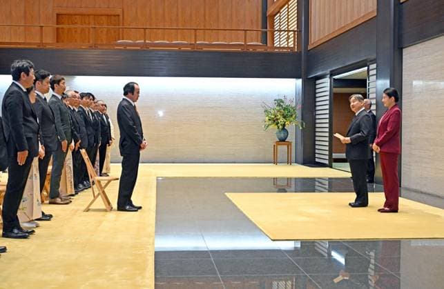 Japanese emperor, empress Japanese Emperor Naruhito (R) and Empress Masako meet recipients of awards for those who have contributed to the development of the agriculture, forestry and fisheries industries at the Imperial Palace in Tokyo on Jan. 27, 2025. (Pool photo)  A14AA0004052588P