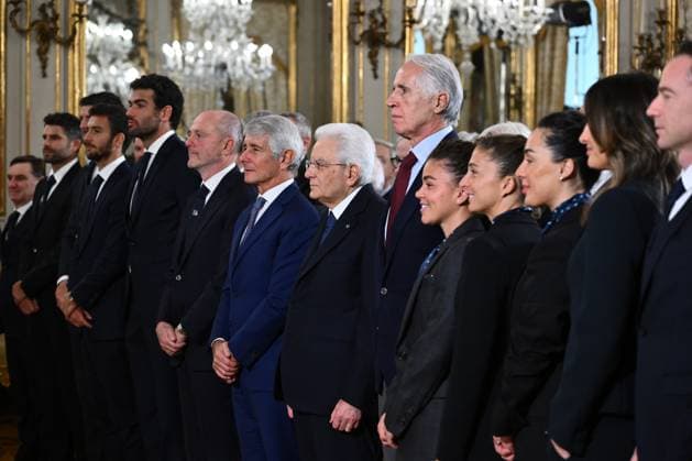 News - The President of the Italian Republic Sergio Mattarella meets the Italian national women s and men s tennis teams, winners of the BJK Cup and the Davis Cup Angelo Binaghi, Andrea Abodi, Sergio Mattarella and Giovanni Malago during the meeting with the President of the Italian Republic Sergio Mattarella who met the Italian national women s and men s tennis teams, winners of the BJK Cup and Davis Cup at the Quirinale on January 29, 2025 in Rome, Italy. Roma Quirinale Italy Copyright: xDomenicoxCippitellix xLiveMediax LPN_1711428