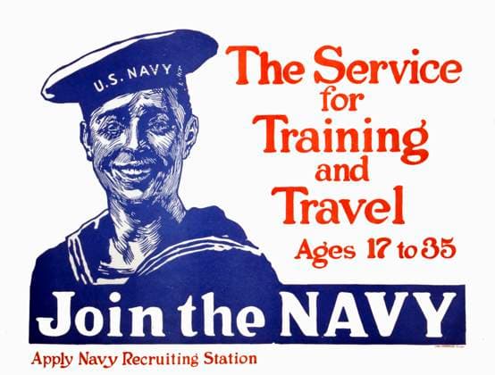 Vintage U.S. Navy recruiting poster showing a smiling sailor. The service for training and travel, Ages 17 to 35 - Join the Navy - Apply Navy recruiting station Copyright: StocktrekxImages STK502117A