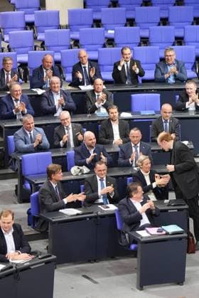 Deutscher Bundestag, 209. Plenarsitzung Jubel in der AfD Fraktion nach der Abstimmung zur Asyl-Wende im Deutschen Bundestag, Berlin, 29.01.2025 *** German Bundestag, 209 plenary session Cheers in the AfD parliamentary group after the vote on the asylum turnaround in the German Bundestag, Berlin, 29 01 2025