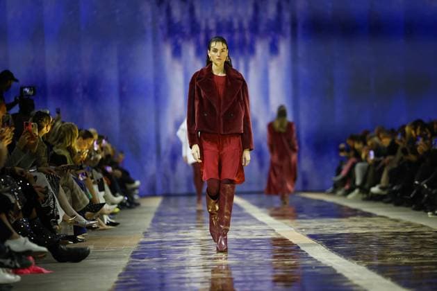 Model Celine Bethmann on the catwalk at the Marc Cain Parallel Universe fashion show on 31 01 2025 as part of Fashion Week Berlin at the Kraftwerk in Berlin Fashion Week Berlin 2025 Marc Cain Show