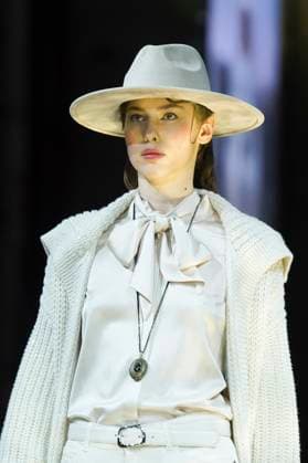 Model on the catwalk at the Marc Cain fashion show on January 31, 2024 at Kraftwerk Berlin in Berlin Berlin Germany